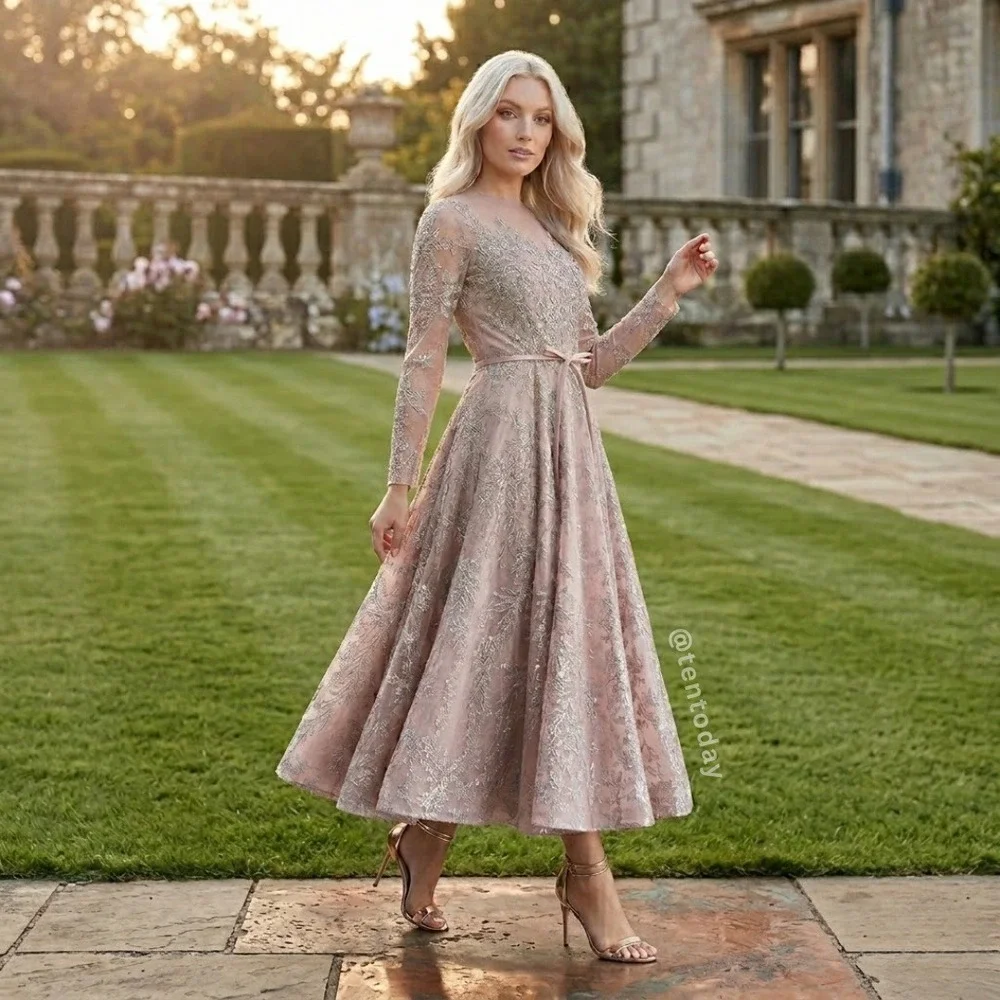 Mac Duggal Size 16 Pink Silver‎ Long Sleeve High Neck A-Line Midi Bow Dress Gown